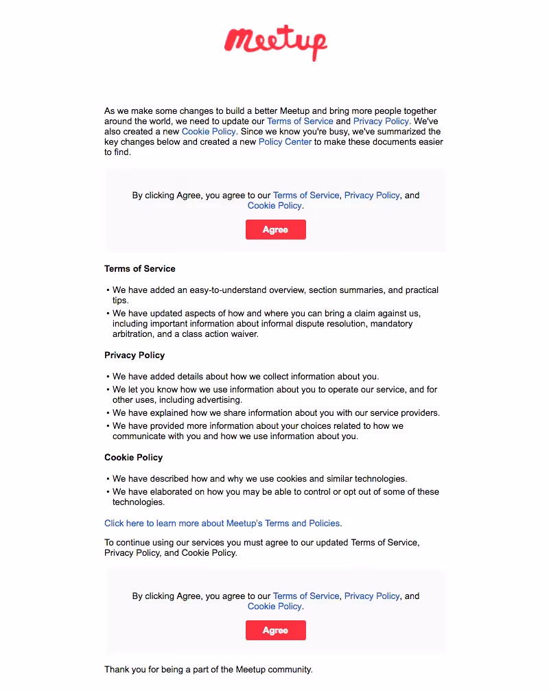 Meetup Terms of Service and Privacy Policy Emails