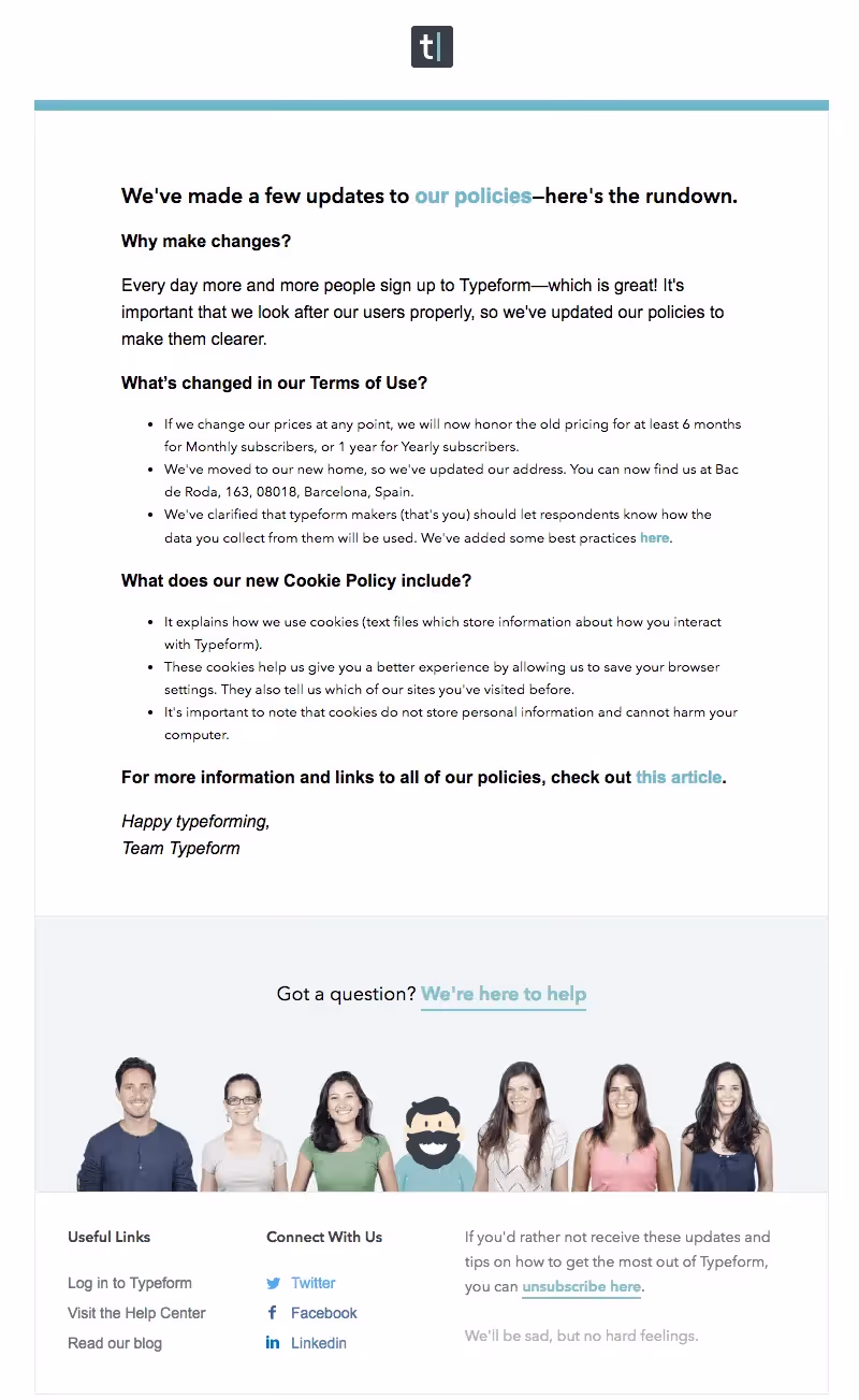 Typeform Terms of Service and Privacy Policy Emails
