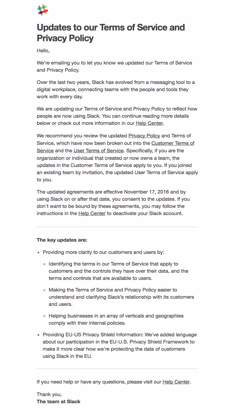 Slack Terms of Service and Privacy Policy Emails