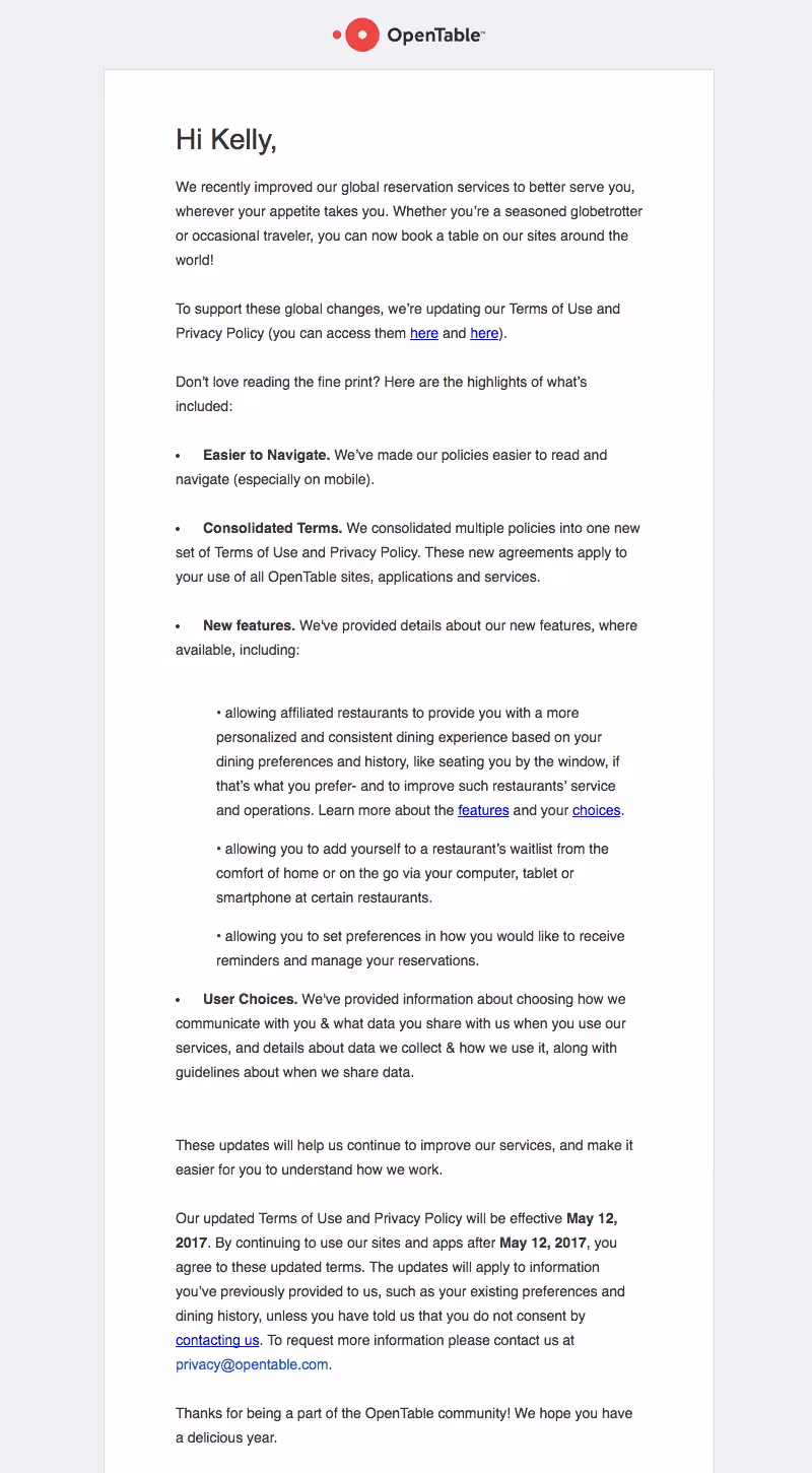 opentable Terms of Service and Privacy Policy Emails