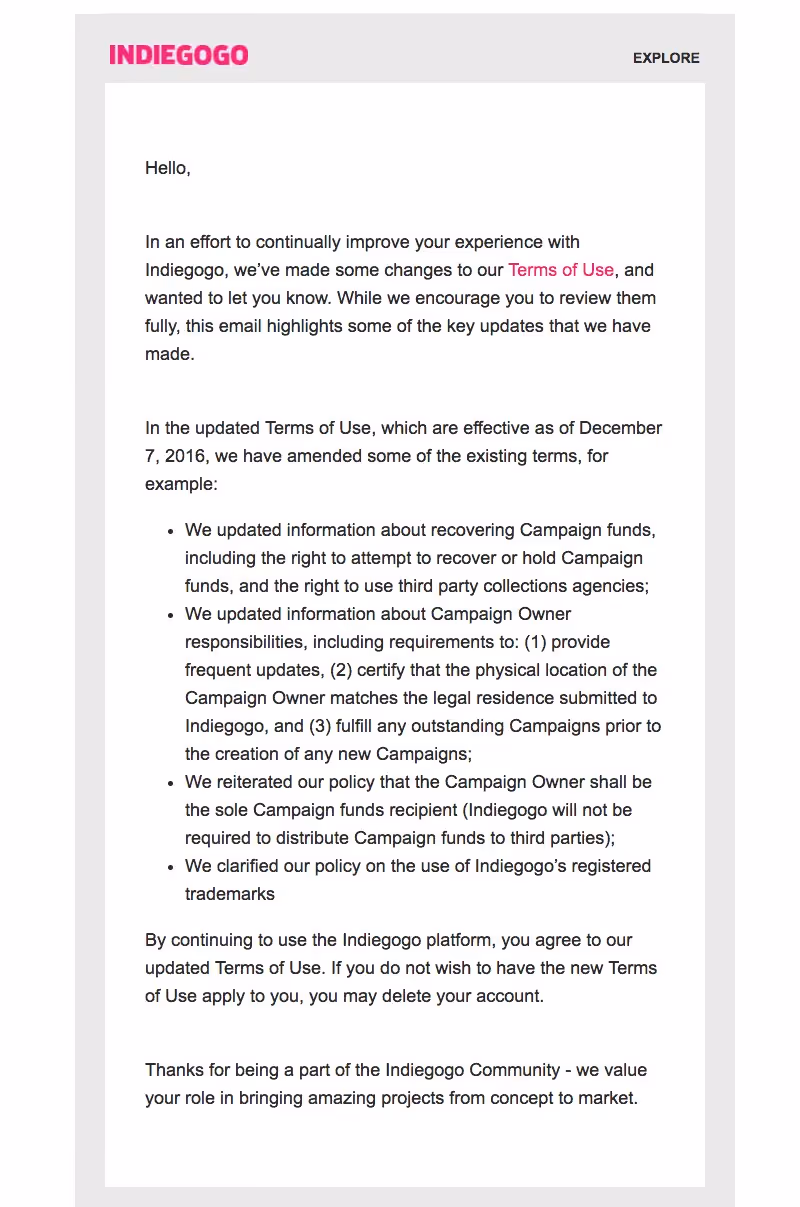 Indiegogo Terms of Service and Privacy Policy Emails