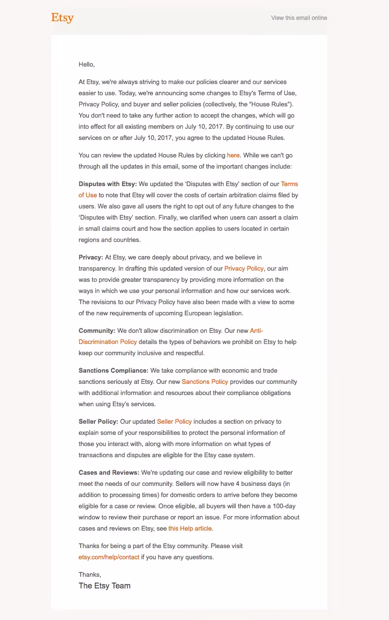 Etsy Terms of Service and Privacy Policy Emails