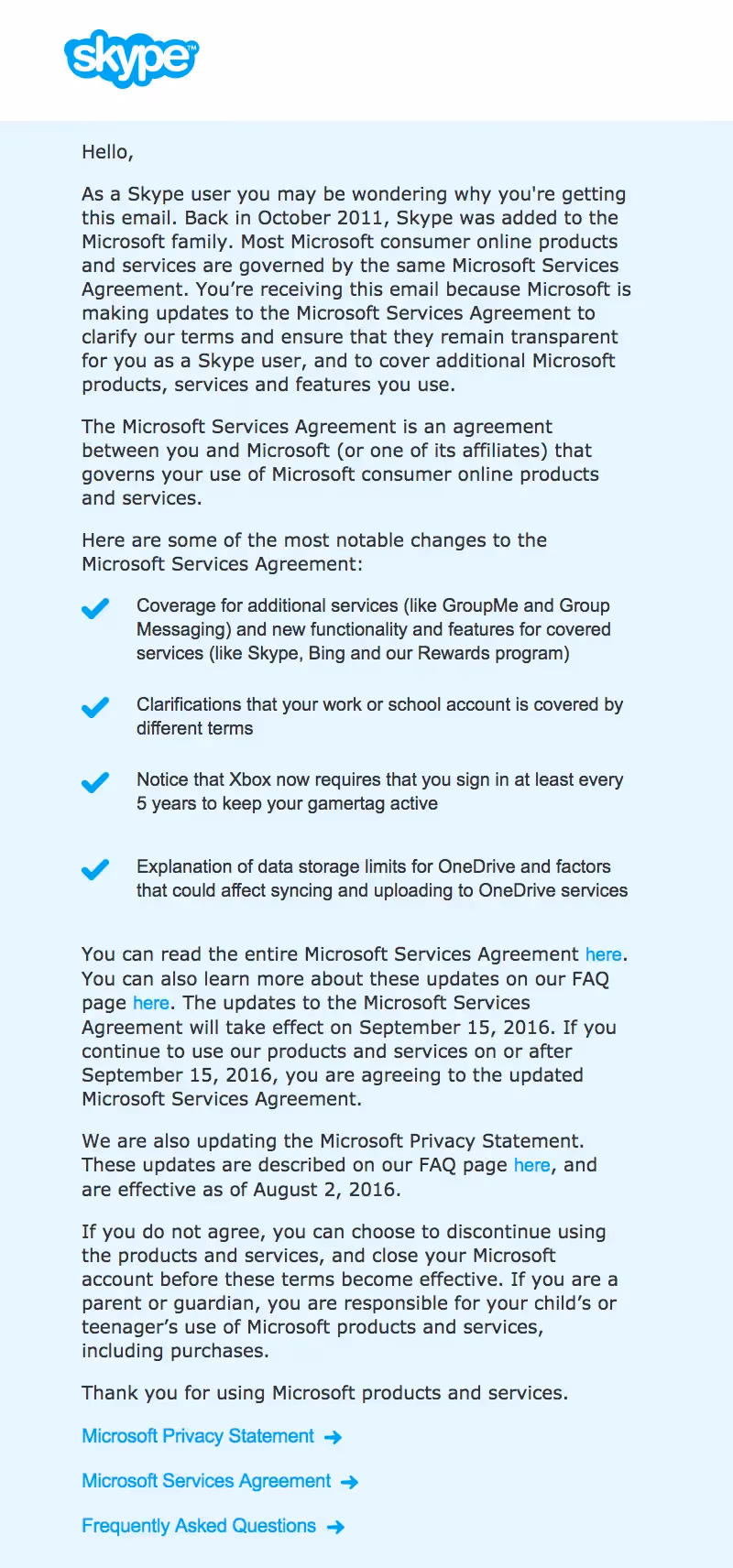 Skype Terms of Service and Privacy Policy Emails