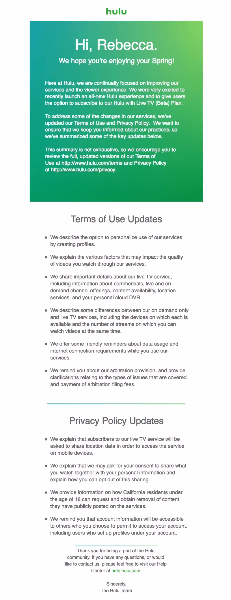 Hulu Terms of Service and Privacy Policy Emails