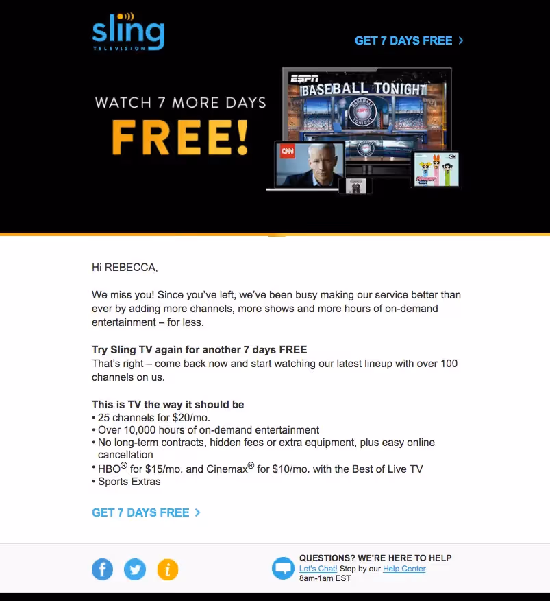 sling television reengagement emails
