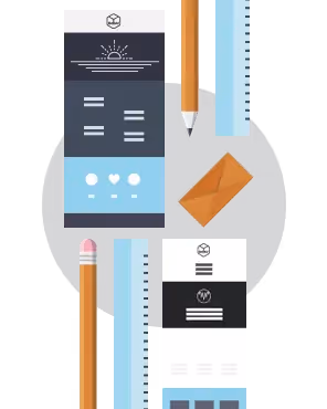 Email layout mockup with sun icon and stationery tools (pencil, ruler, envelope, ID card) on dark grey background.