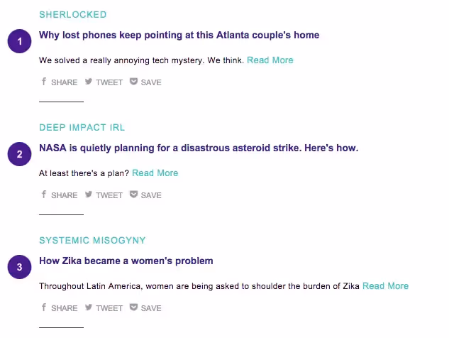 This email layout uses bold headlines, numbered sections, and pastel category tags to present engaging editorial stories in a scannable format.