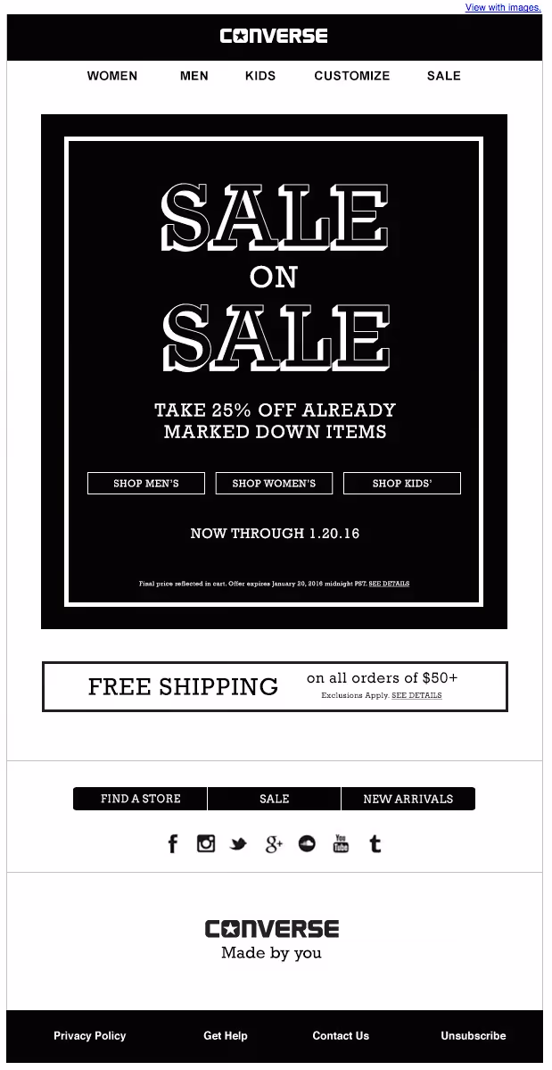 Converse black-and-white email showcasing a streamlined design with bold text, clear CTAs, and simplified layout — an example of effective colorless email marketing.