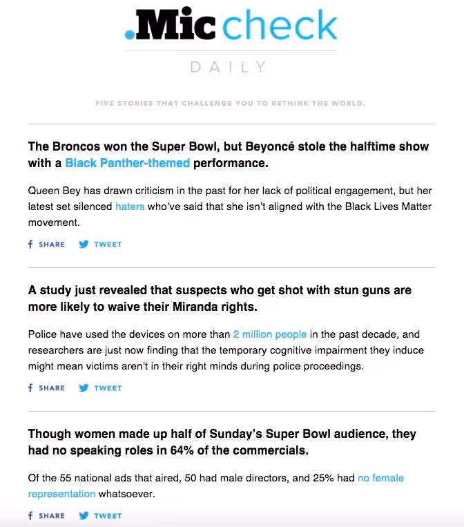Mic Check uses brand turquoise on links and headers to stand out in a bold black-and-white email layout.
