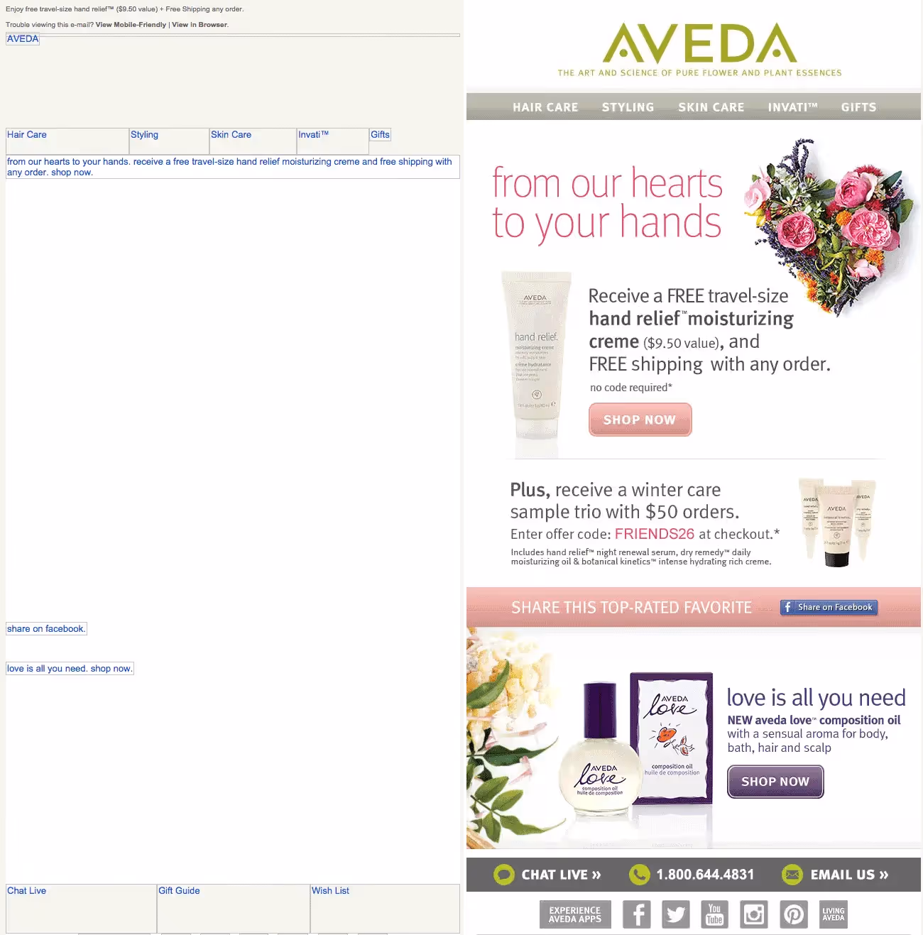 Aveda’s email uses soft pinks and neutrals to highlight offers, showing how color boosts clarity and warmth in email design.