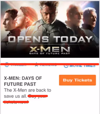 X-Men: Days of Future Past promo with cast image, “Opens Today” text, and “Buy Tickets” call-to-action button.