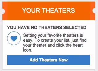 Fandango prompt to select favorite theaters with heart icon and “Add Theaters Now” button.