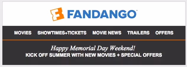 Fandango banner promoting Memorial Day weekend with links to movies, tickets, news, trailers, and special offers.