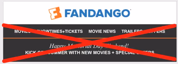 Fandango header with site navigation and a red “X” crossing out the Memorial Day weekend movie promo section.