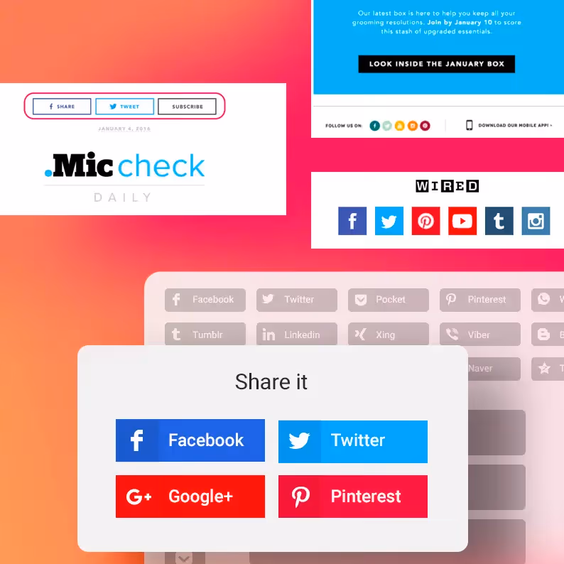 Email marketing examples with social media sharing buttons for Facebook, Twitter, Google+, and Pinterest to boost engagement and reach.