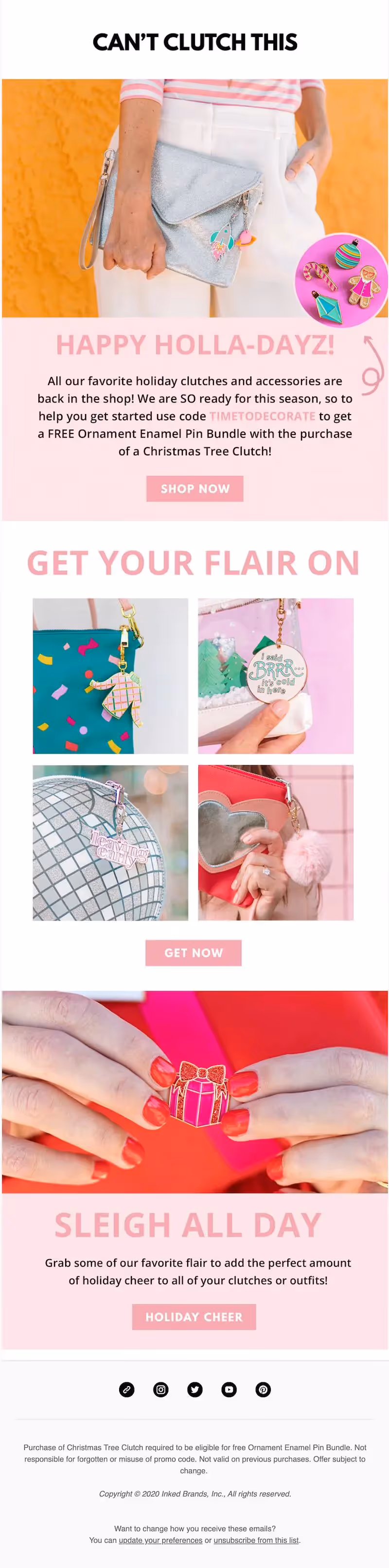 Holiday clutch and flair promo email featuring bright visuals and gift-with-purchase incentive for festive accessories.