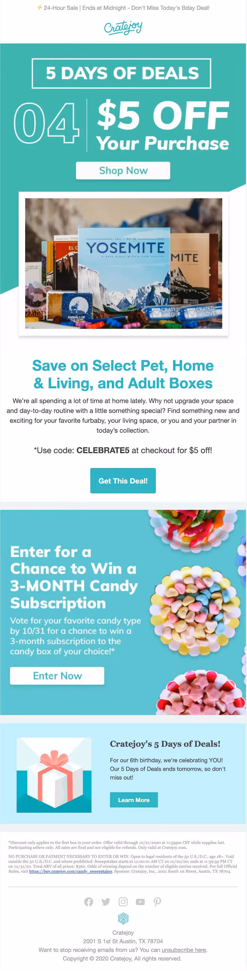Cratejoy celebrates its birthday with bold colors, clear CTAs, and $5 off deals, making this promo email eye-catching and effective.