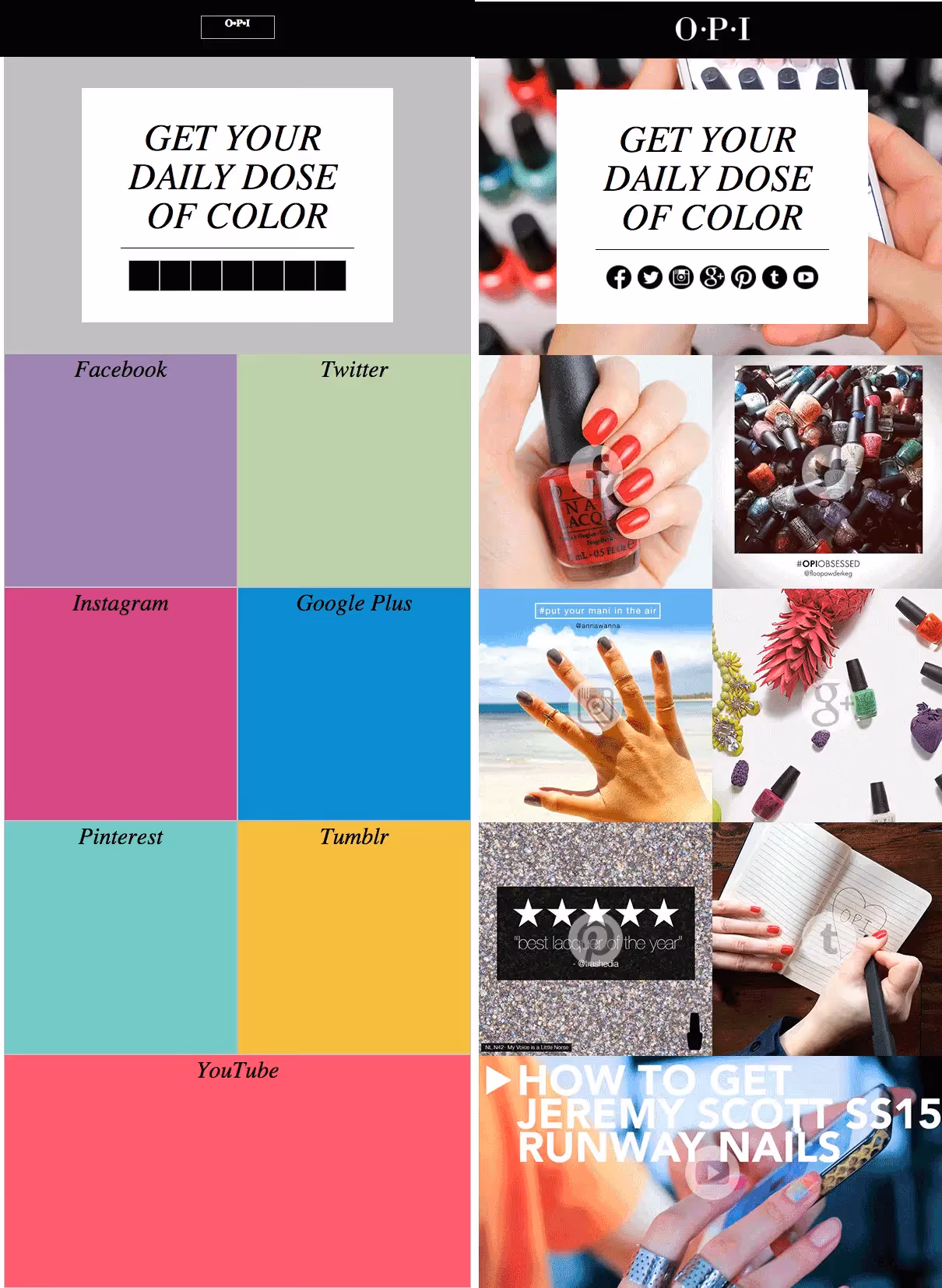 OPI’s email embraces bold, vibrant blocks of color to reflect its brand and visually organize content across platforms.