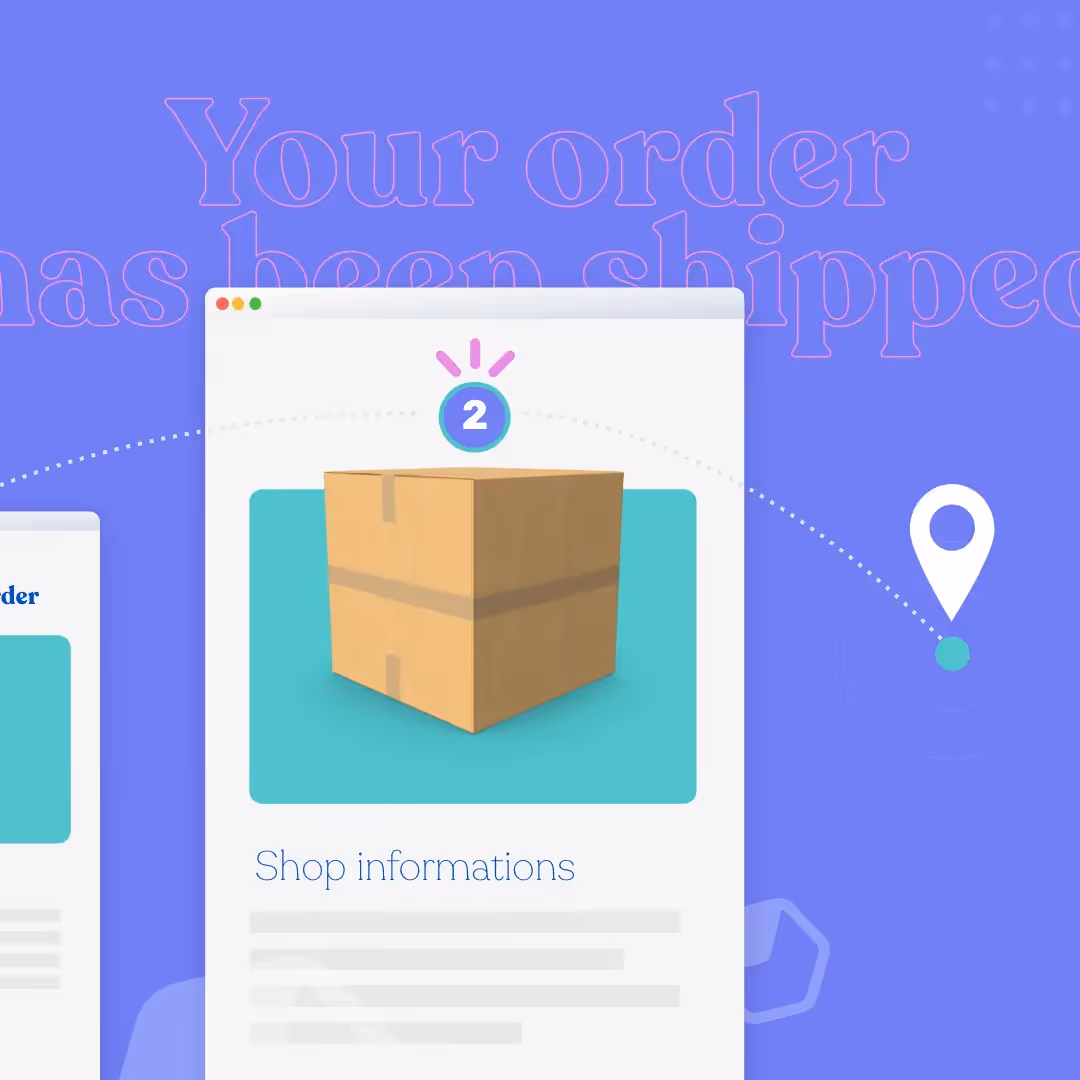Illustration of a shipping confirmation email with a cardboard box, location pin, and step 2 icon on a purple background.