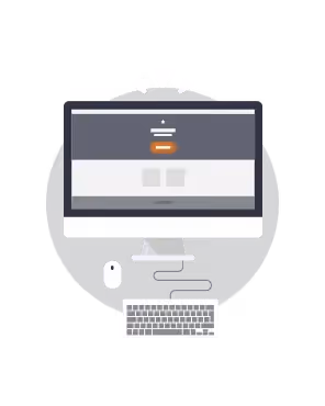 Stylized desktop monitor set inside a pale blue circle on a sky-blue background, displaying an email template with a dark gray header bar, a centered star icon, and a yellow call-to-action button—depicting HTML background color customization in the BEE email editor.