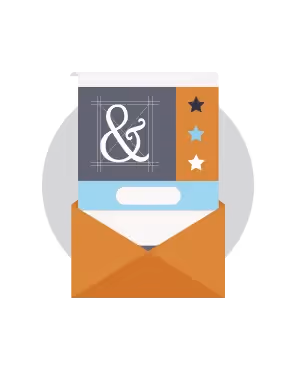 Illustration of two email template mockups emerging from an orange envelope on a gray circular backdrop: one sheet shows a white ampersand in a blueprint grid, the other features a stylized ampersand with three colored star icons down the side.