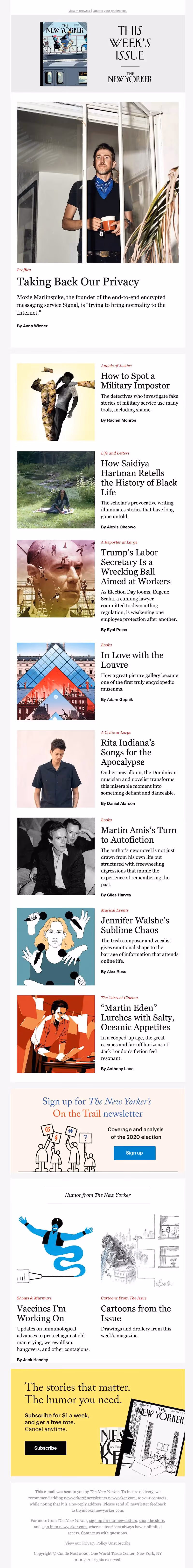This New Yorker email effectively uses editorial design—bold headlines, varied illustration styles, and structured content blocks—to promote its latest issue and highlight key articles.