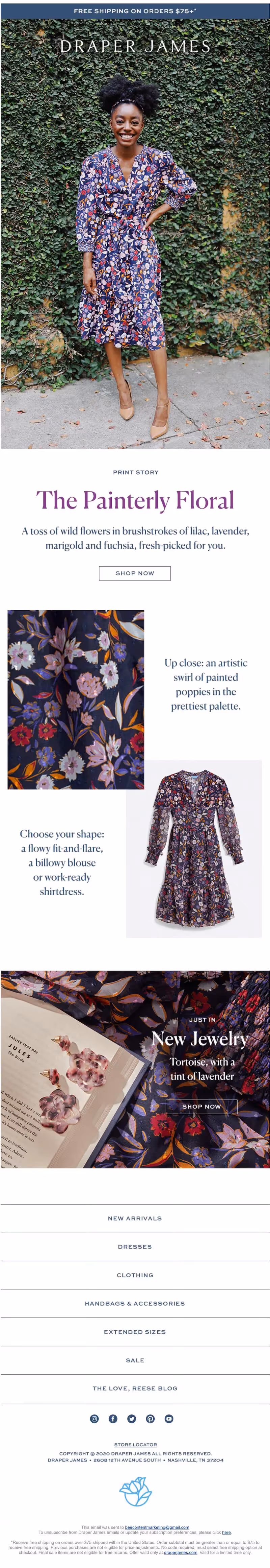 Draper James highlights a floral dress in a rich palette, using color to evoke seasonal charm and guide the shopping experience.