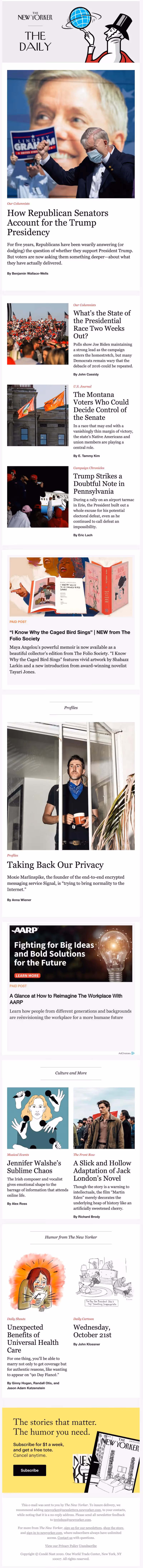 Example of using background color to visually separate a paid section in an email — The New Yorker uses a tan HTML background to distinguish sponsored content from editorial