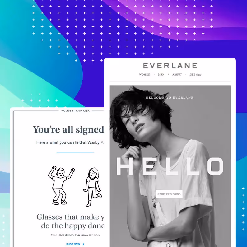 Collage of welcome emails from Warby Parker, Everlane, and Lord & Taylor with text, fashion images, and promotional offers.