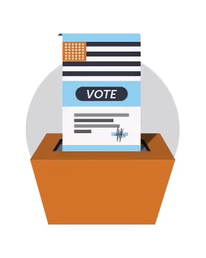 Flat-style illustration of a ballot box with a “VOTE” form being inserted, symbolizing presidential campaign emails and voter engagement.