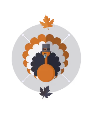 Cartoon turkey in a pilgrim hat with arrows and autumn leaves on a dark background for Thanksgiving email tips.