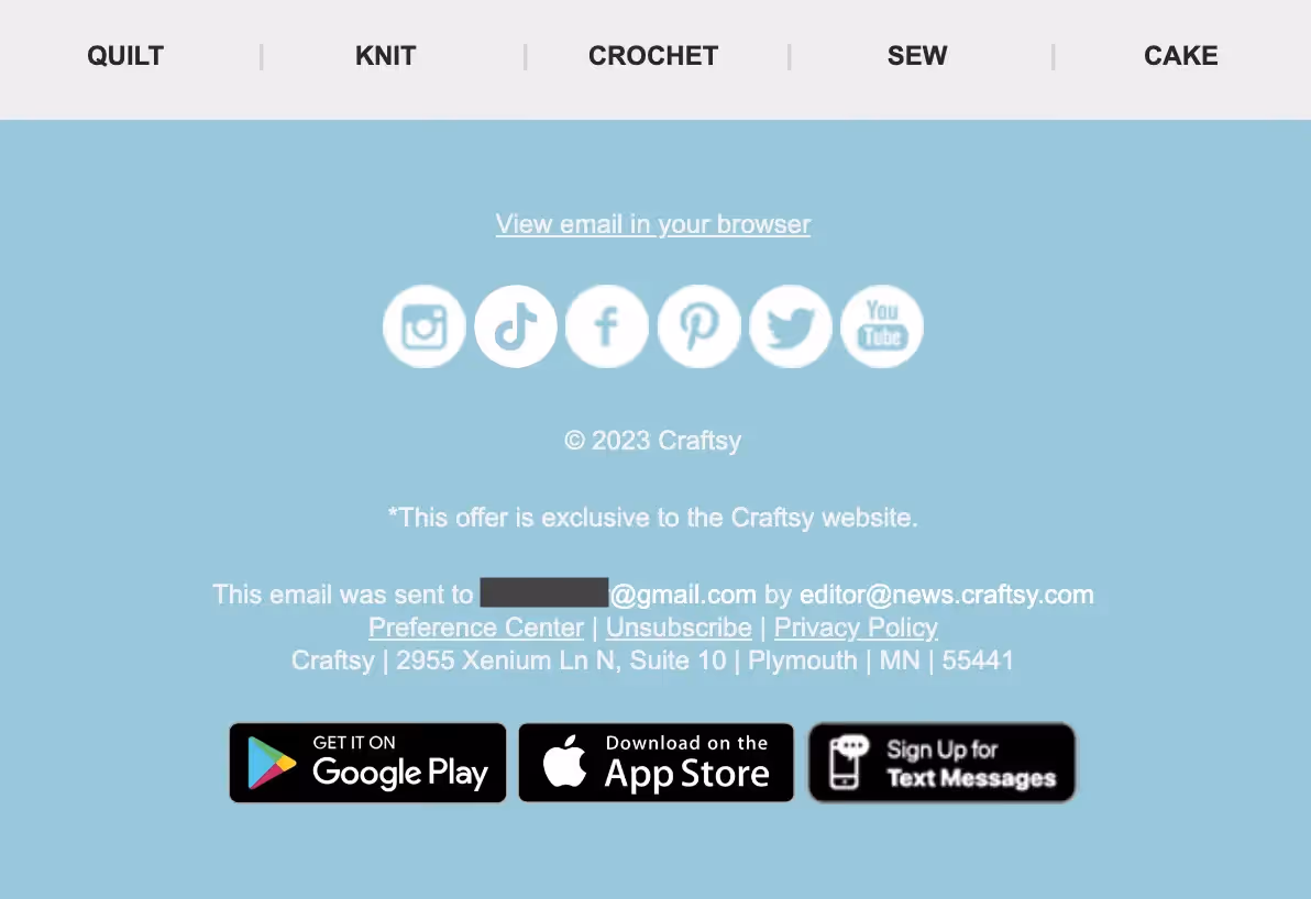 Craftsy email newsletter footer