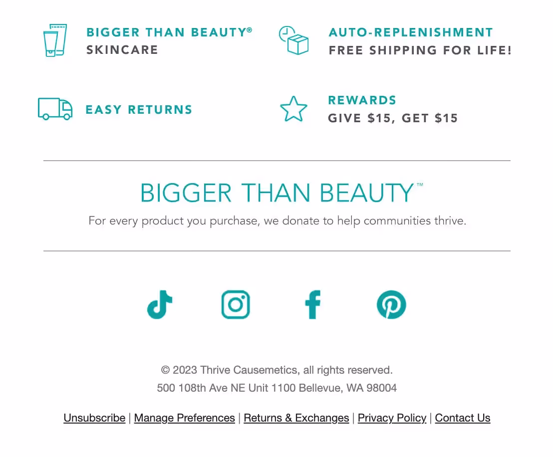 Thrive Causemetics on brand email footer 