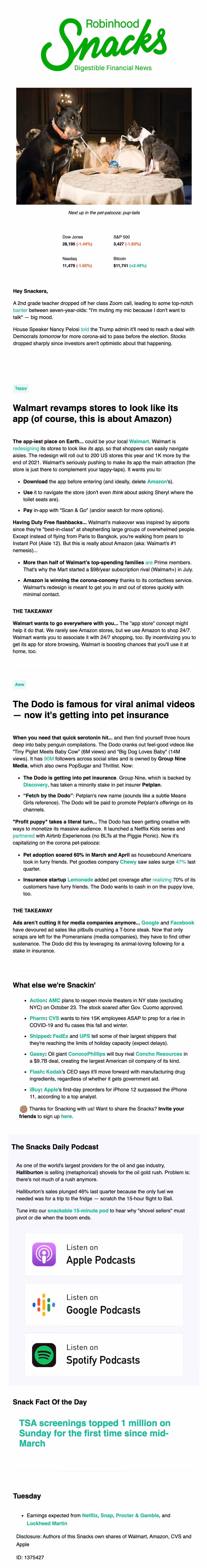Robinhood Snacks uses bold green accents to guide the eye and energize financial news in this color-driven email layout.