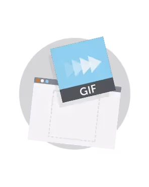 Email design editor mockup with browser window placeholder and blue animated GIF file icon being dragged into it.