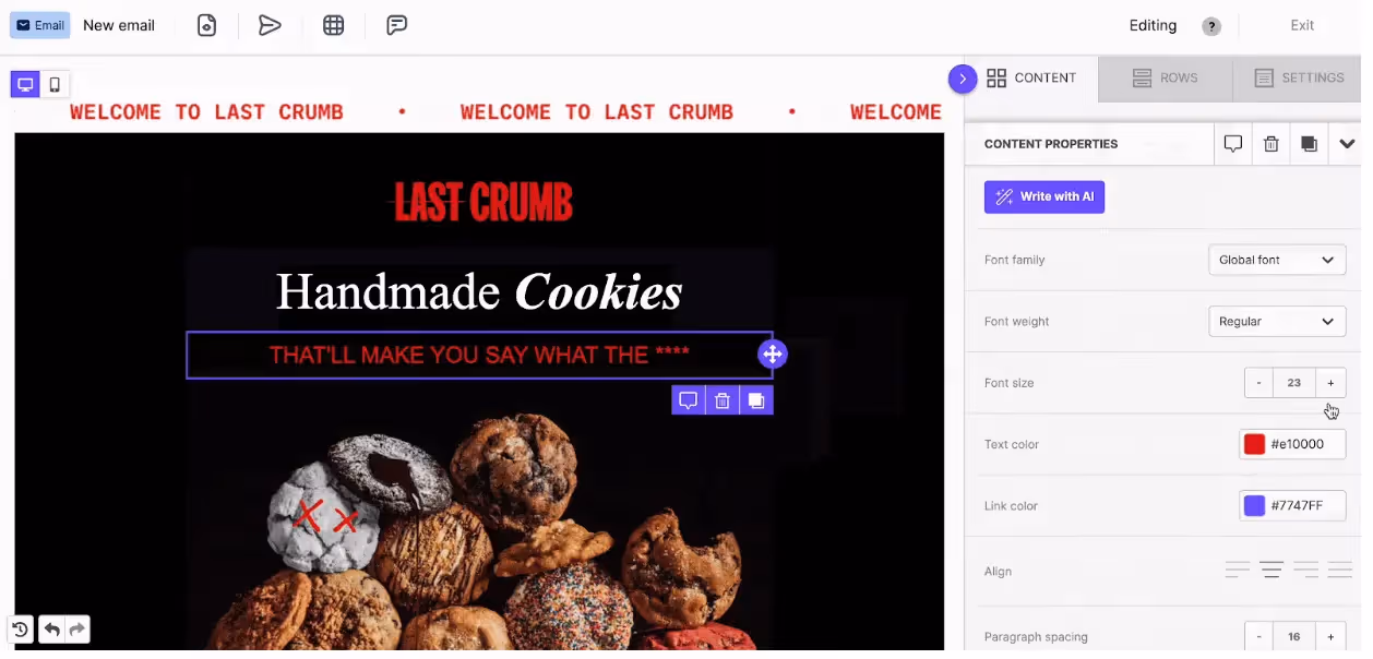 Editing Last Crumb email in Beefree with accessible fonts, colors, and layout tools for better readability.
