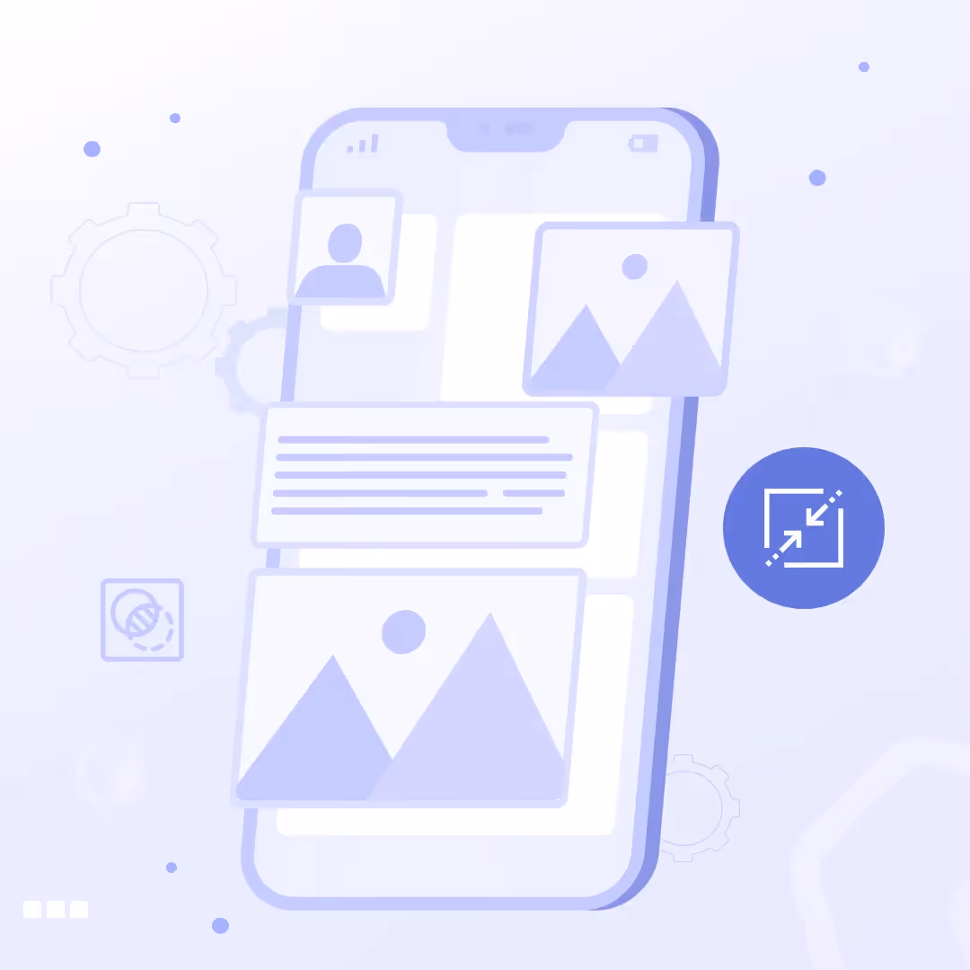 Smartphone email mockup with image and avatar blocks, expand icon and gear hinting at responsive email image optimization.