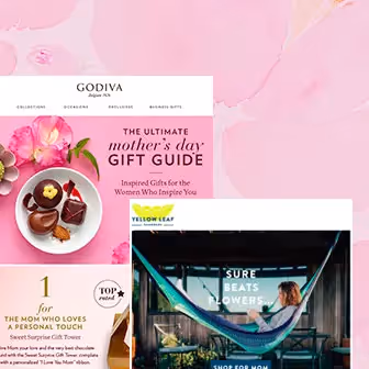 Mother’s Day email marketing designs featuring gifts, countdowns, and floral visuals from Godiva, Yellow Leaf, and Jimmy Choo promotions.