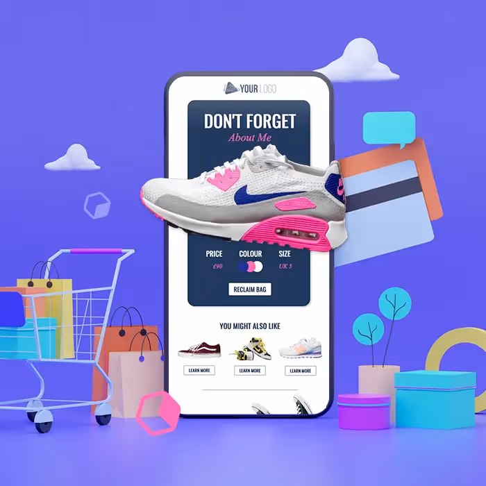 Abandoned cart email design with sneaker product reminder, shopping cart, and credit card icons to recover e-commerce sales.