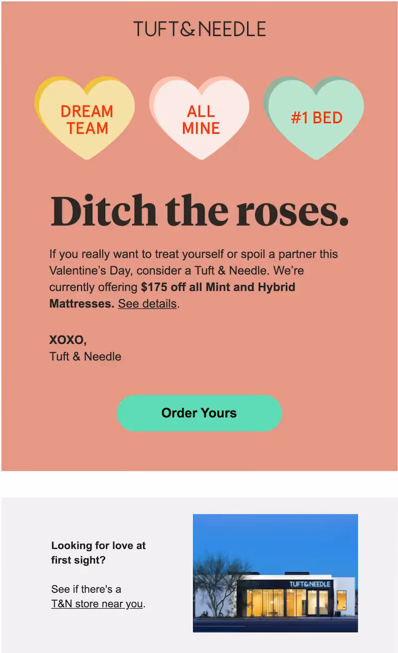 Tuft & Needle "ditch the roses" email marketing campaign for Valentine's Day