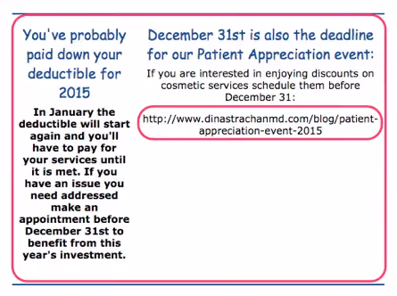 Reminder to use your 2015 deductible and schedule discounted cosmetic services before December 31st at Aglow Dermatology.