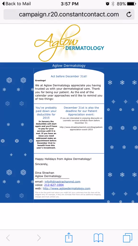 Aglow Dermatology holiday email urging patients to book appointments before year-end for deductible and event benefits.