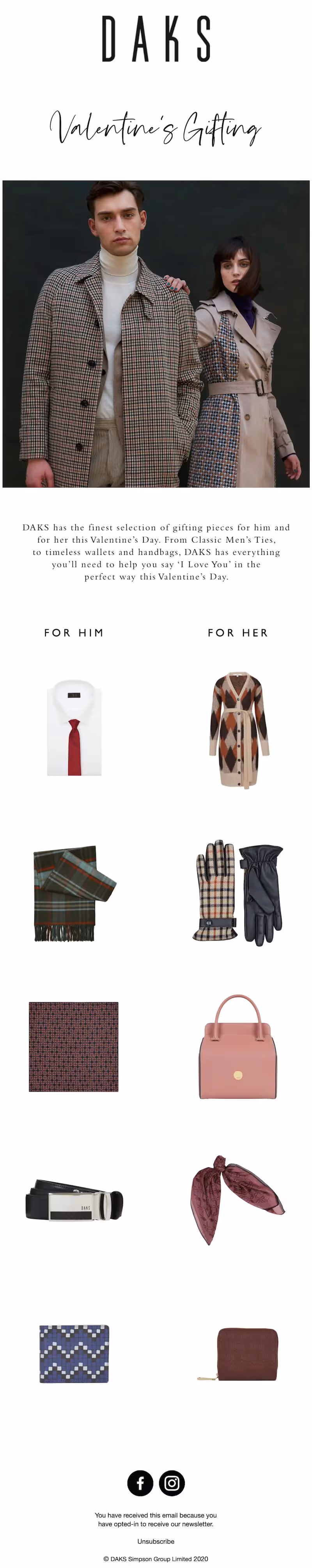 Daks Valentine's Day email "gifting guide" for him and her.