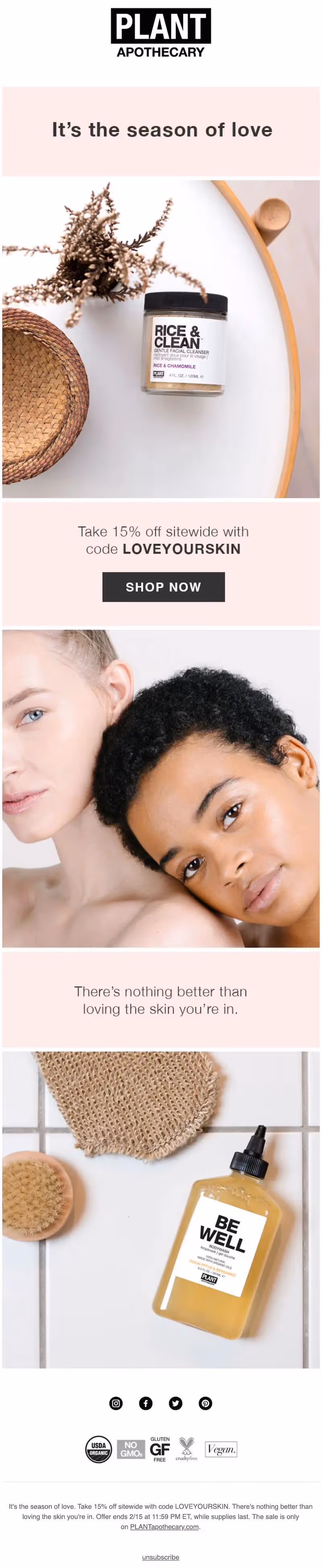 Plant Apothecary Valentine's Day email reads "it's the season of love" and encourages readers to love themselves.