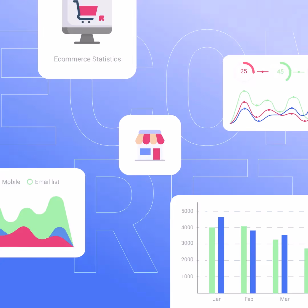 E-commerce statistics illustration with charts, graphs, and shopping icons, representing key 2021 data insights for online retail performance.