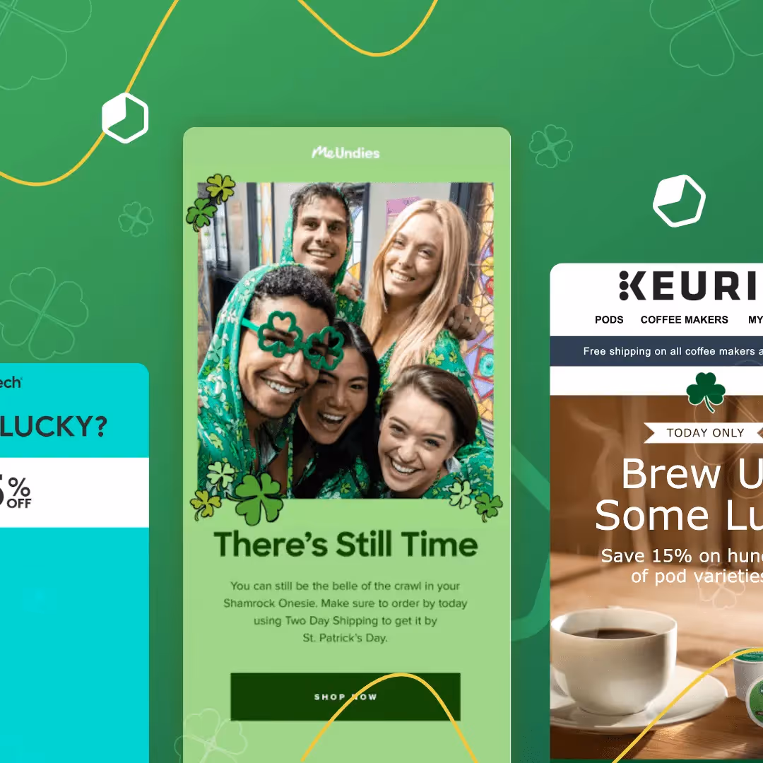 St. Patrick’s Day promo emails featuring green designs, shamrocks, discounts, and festive photos of smiling people.