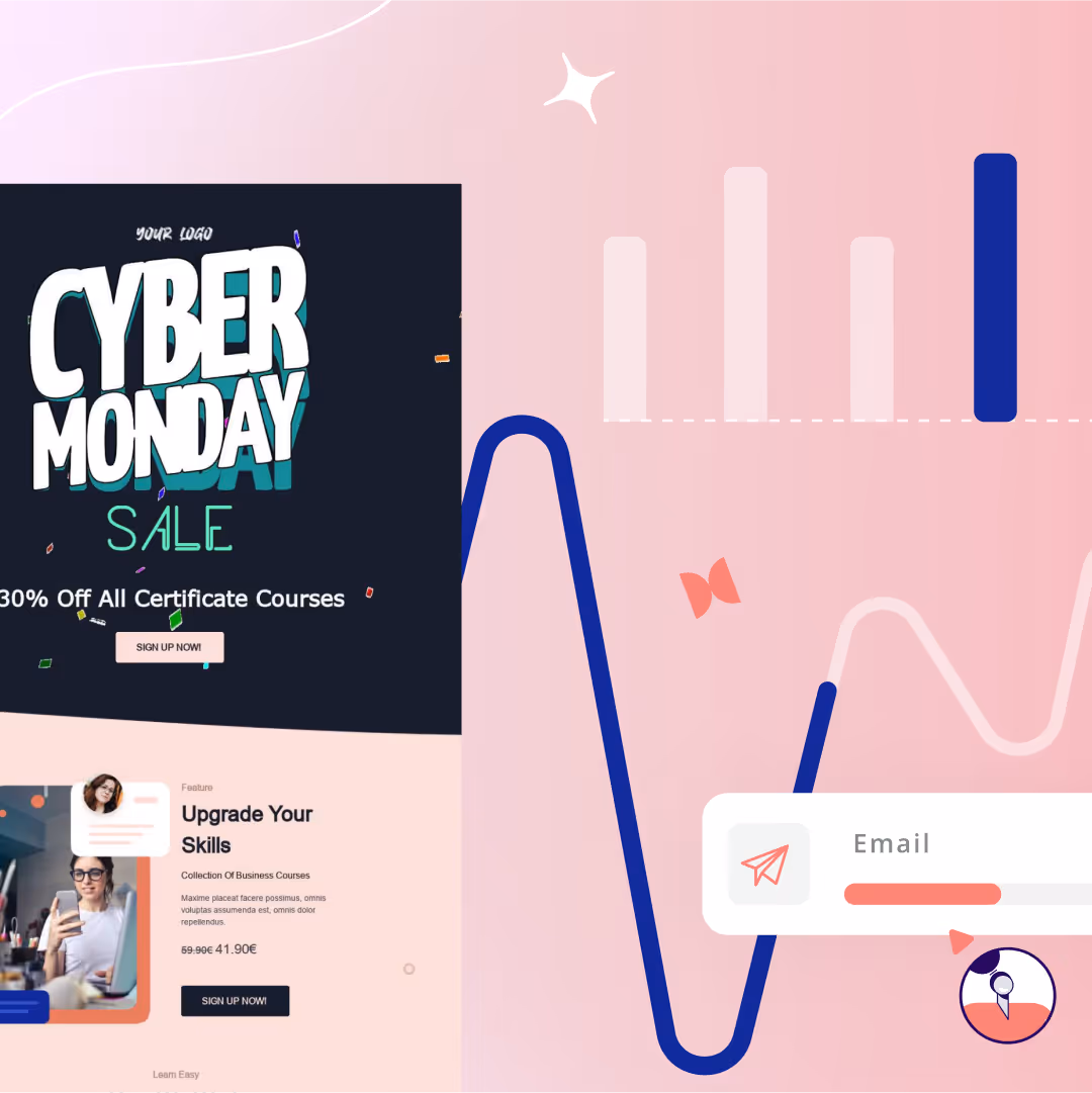 Cyber Monday email marketing banner: 30% off certificate courses, sign-up CTA, email input field, and analytics graphic.