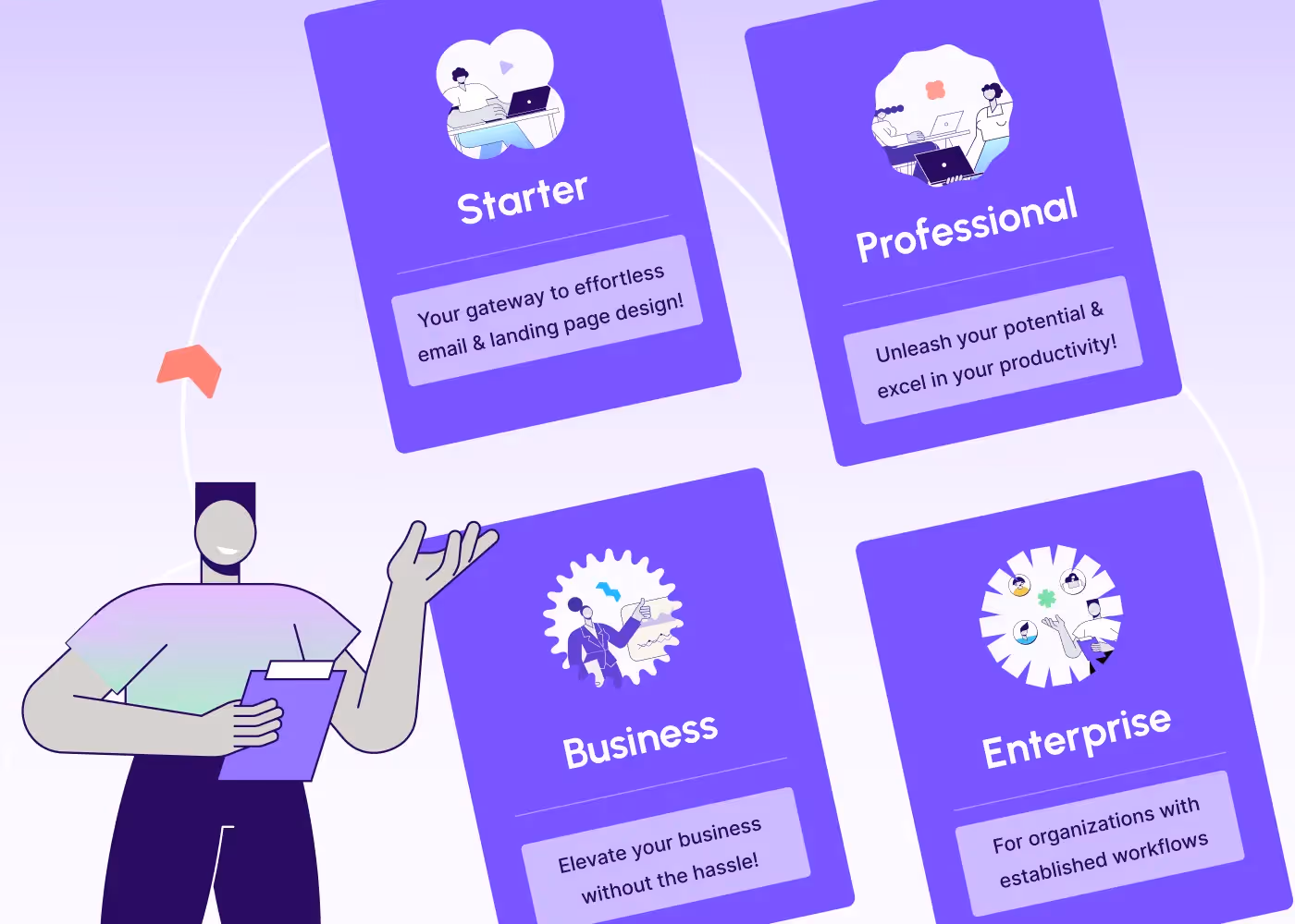 Illustration showing four purple pricing plan cards—Starter, Professional, Business, Enterprise—for an HTML email builder tool.