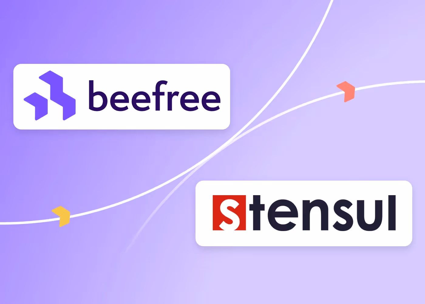 BeeFree vs Stensul logos on a light purple background with connecting arrows, highlighting an email marketing platform comparison.