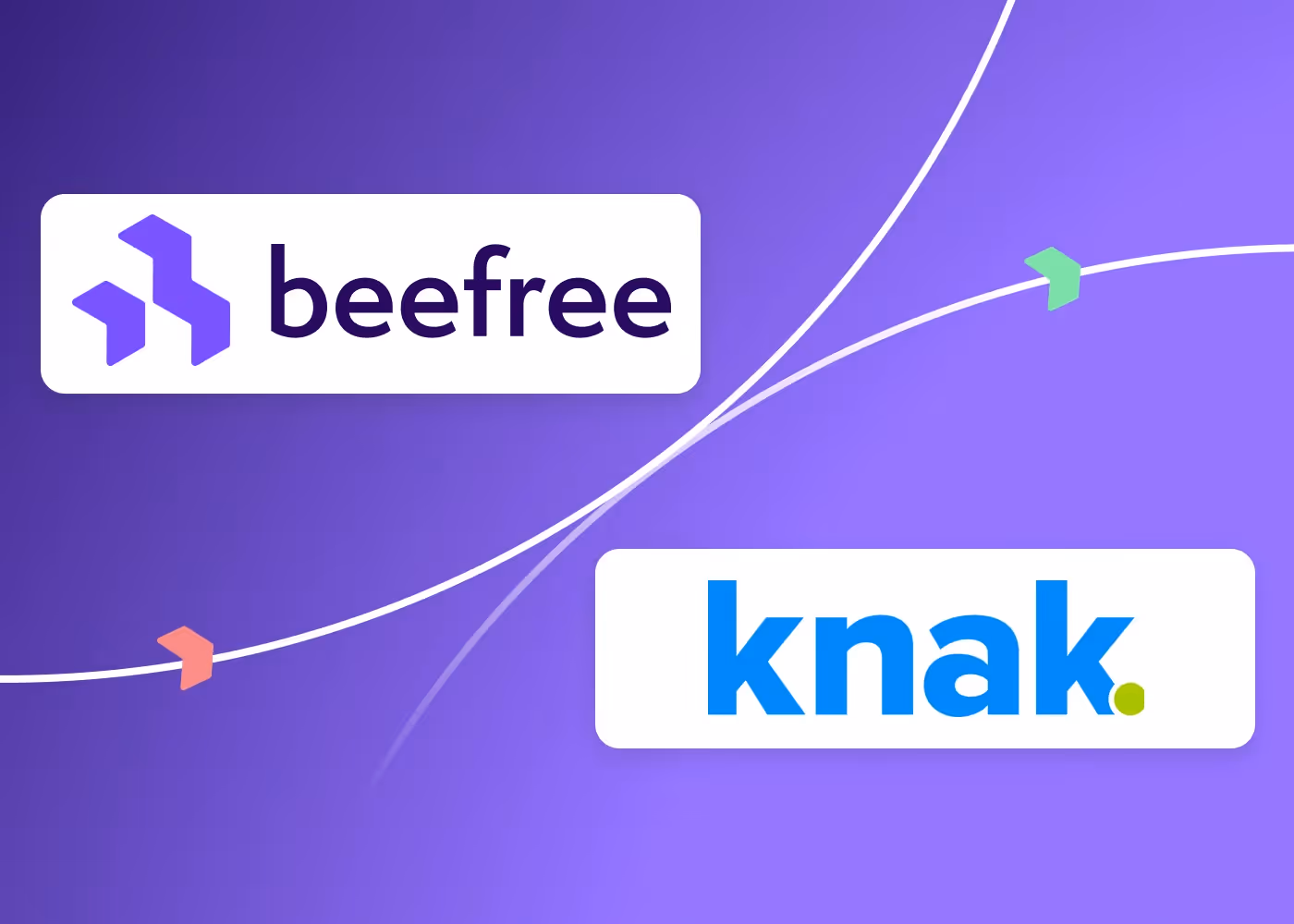 BeeFree vs Knak logos on purple background with connecting arrows, comparing email marketing platforms.